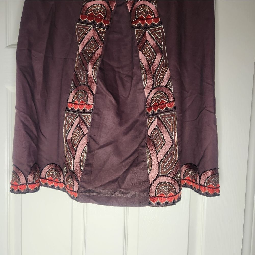 Bloomingdale's 14 Brown  Linen Cotton Beaded Embroidered Women’s Midi Skirt
